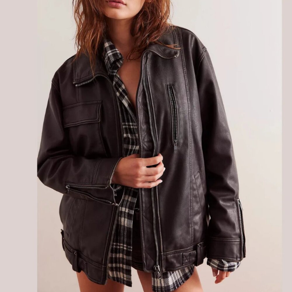 Free People Buckle Up Black Vegan Leather Moto Jacket M